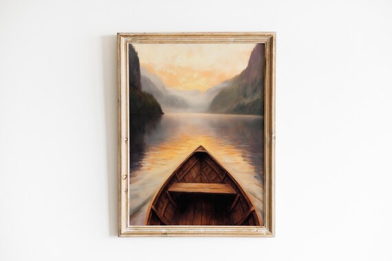Moody Scandinavian Coastal Art Serene Fjord Boat Landscape Rustic Nature Wall Decor Instant 524
