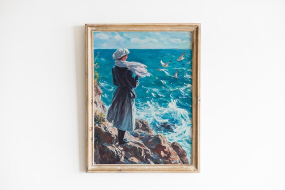 Moody Coastal Seascape Art Vintage Sailors Wife On Rocky Shore Dramatic Ocean Waves Romantic Wall Decor 160