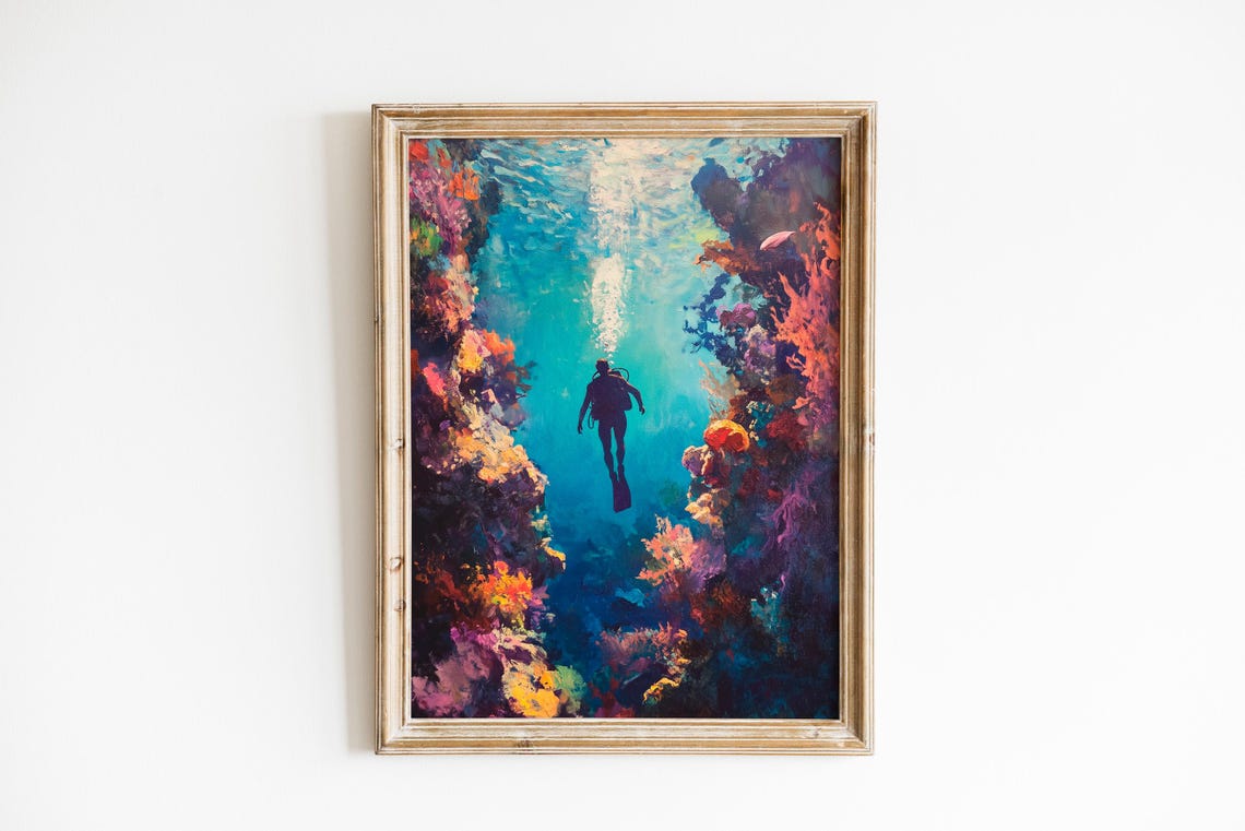 Scuba Diver Descending Vibrant Coral Canyon Underwater Wall Art
