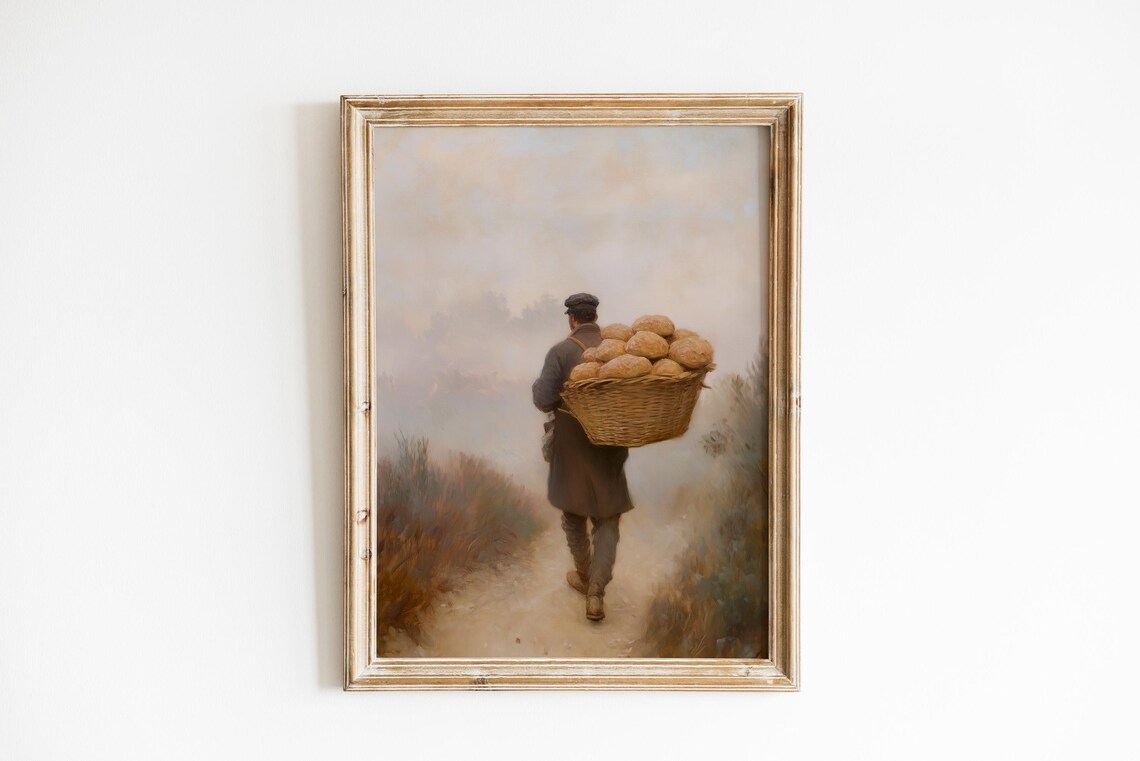 Baker Carrying Basket of Fresh Bread Loaves Down Country Road Poster
