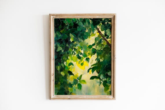 Green Leaves Canopy Painting Fresh Botanical Wall Art Calming Nature Print Vibrant Impressionistic 570