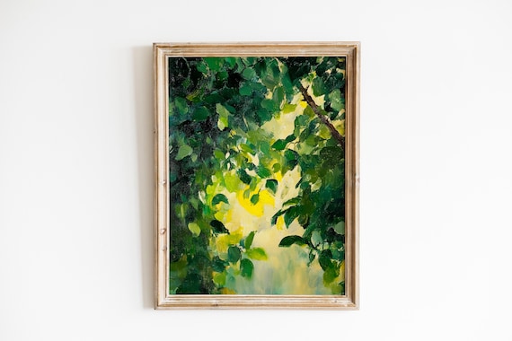 Sunlit Forest Canopy Green Leaves Oil Painting Nature Art Poster