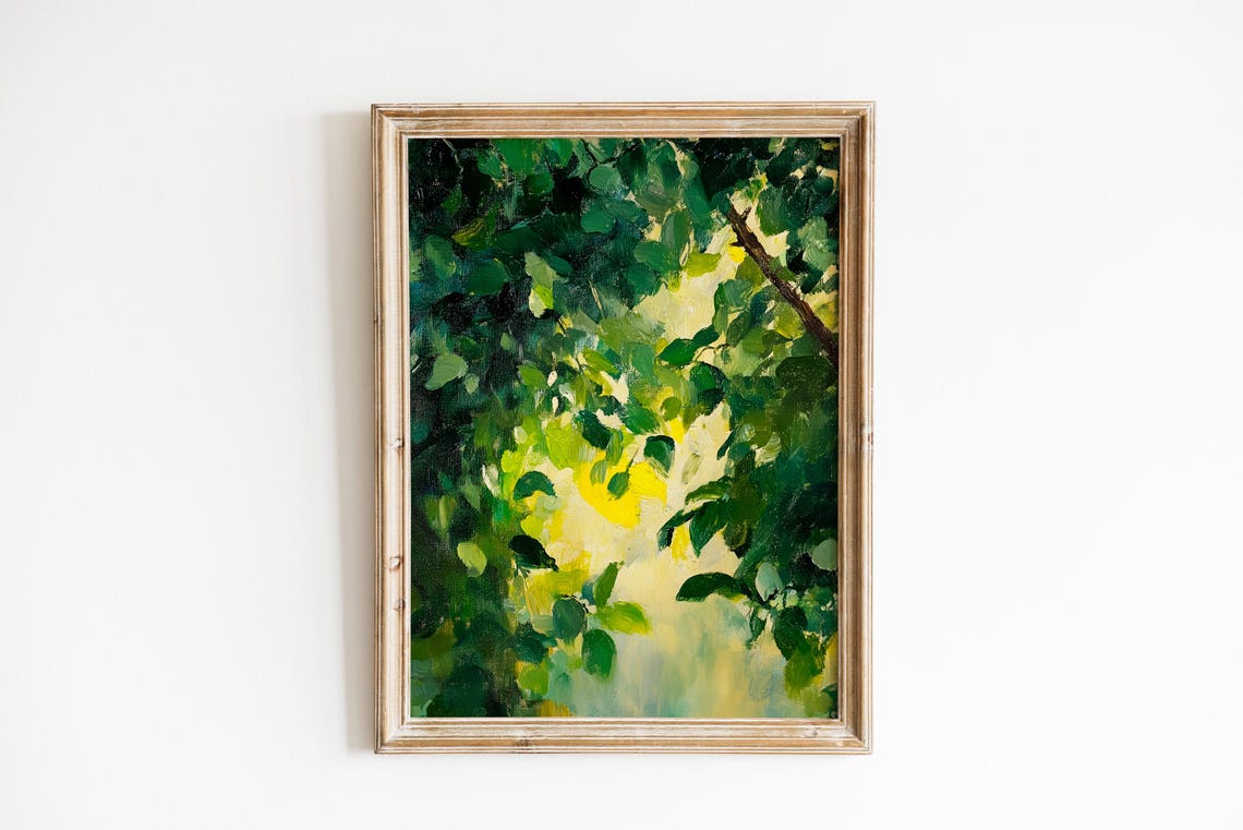 Green Leaves Canopy Painting Fresh Botanical Wall Art Calming Nature Print Vibrant Impressionistic 570