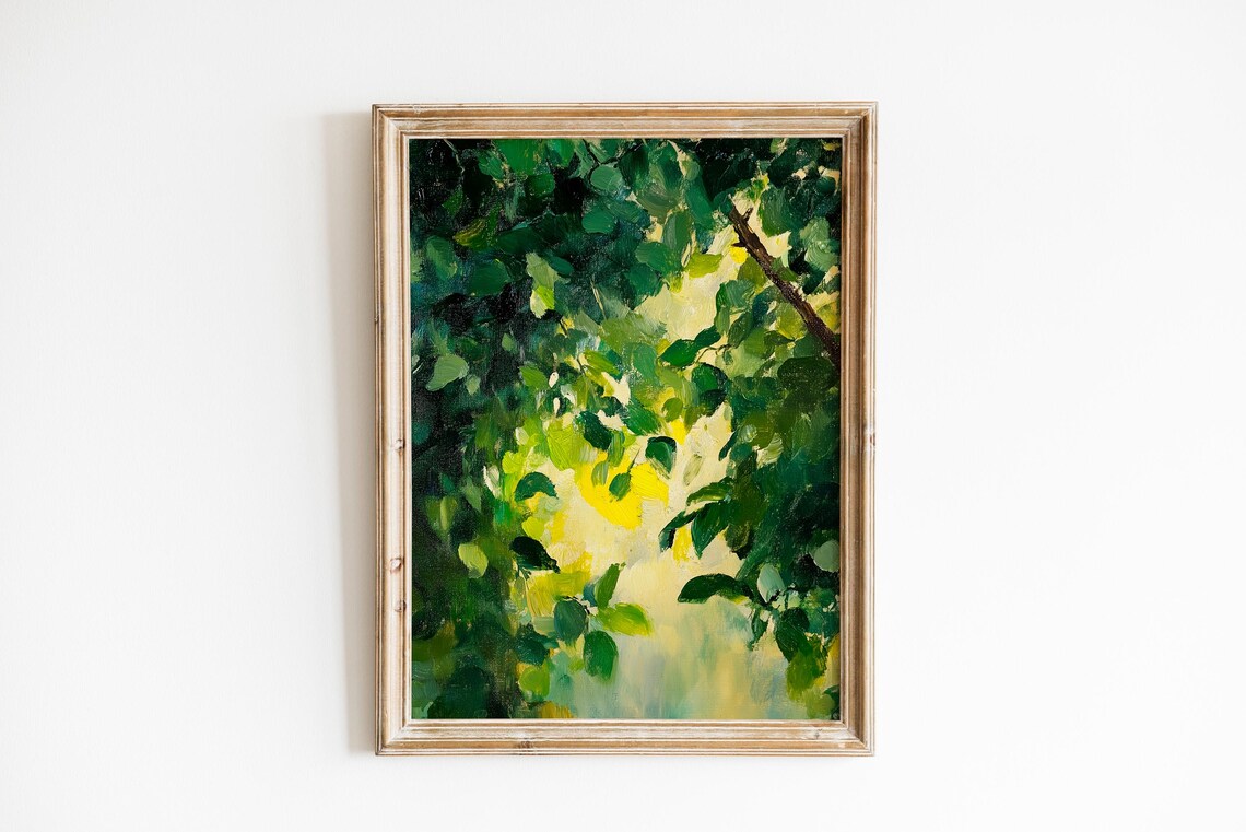 Sunlit Forest Canopy Green Leaves Oil Painting Nature Art Poster