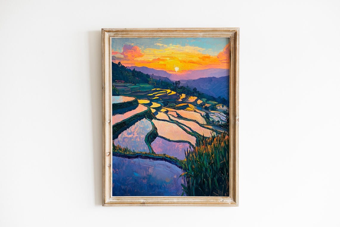 Sunrise Over Rice Terraces Impressionist Scenic Landscape Wall Art
