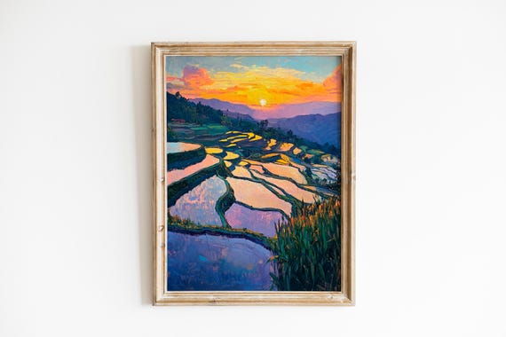 Sunrise Over Rice Terraces Scenic Landscape Art Impressionistic Peaceful Morning View Tranquil Painting 865