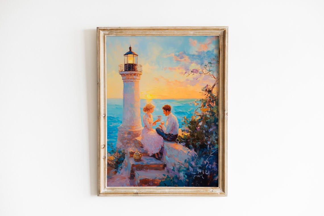 Romantic Couple Sharing Tea By Lighthouse At Sunset Seaside Poster