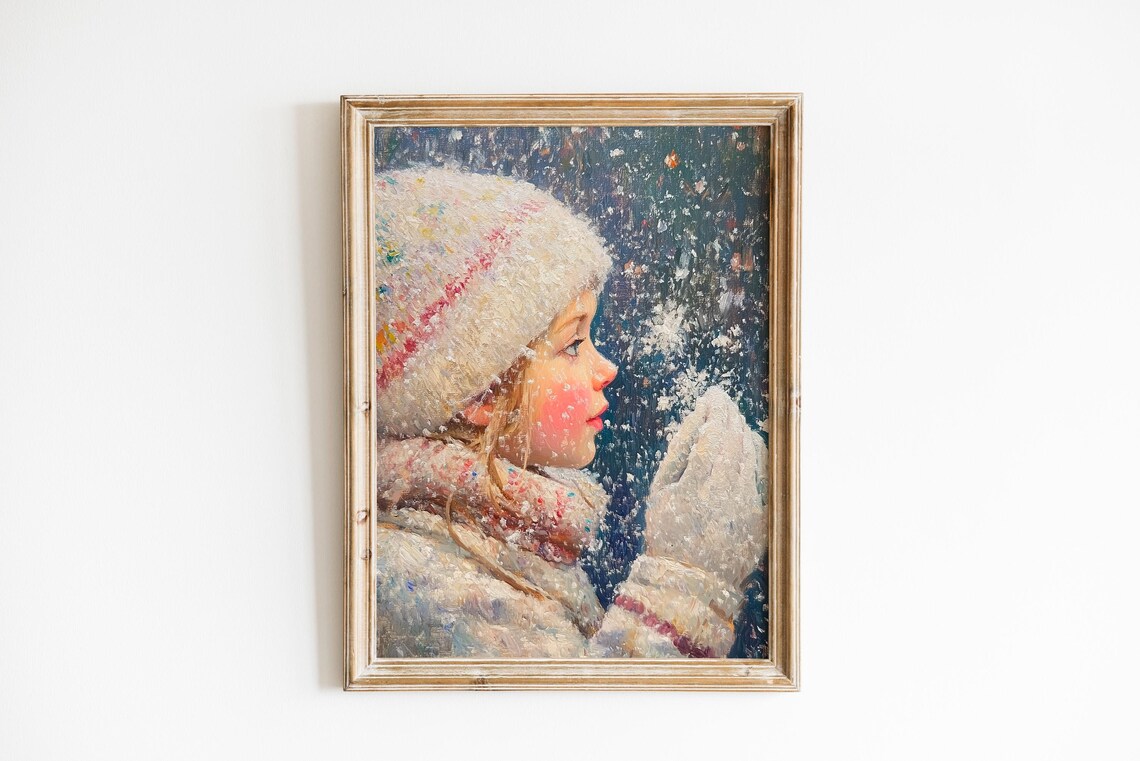 Child Catching Snowflakes Rosy Cheeks Vintage Winter Holiday Art Poster