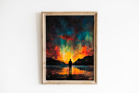 Moody Aurora Sky Wall Art Luminous Landscape Solitary Figure At Waters Edge Atmospheric Oil Painting 340