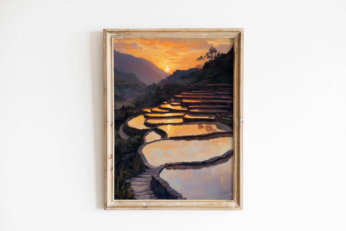 Rice Terrace Sunset Landscape Poster with Golden Paddy Reflections