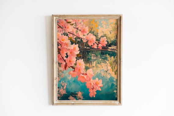 Cherry Blossom Branches Over Reflective Pond Asian Art Poster