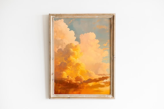 Moody Cloudscape Wall Art Vintage Thunderclouds Glowing Golden Sky Rustic Farmhouse Decor Dramatic Atmospheric Painting 905