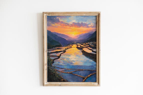 Rustic Sunrise Over Flooded Rice Terraces Moody Vintage Landscape Painting Scenic Mountain View Wall Art Instant 866