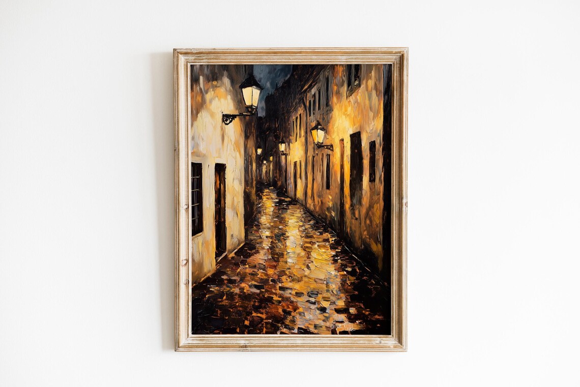 Moody Vintage Cobblestone Street at Night Art Print