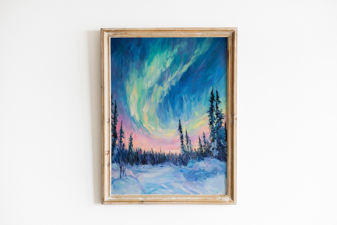 Aurora Borealis Over Snowy Pines Glowing Winter Night Sky Poster