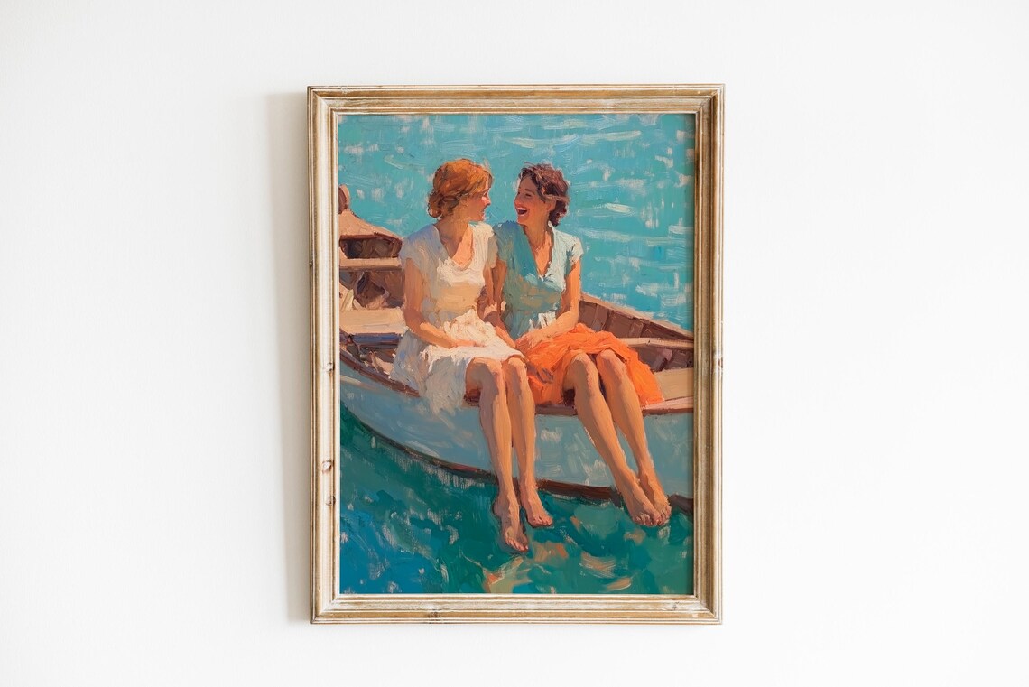 Two Women Laughing in Rowboat Summer Vintage Oil Painting Poster