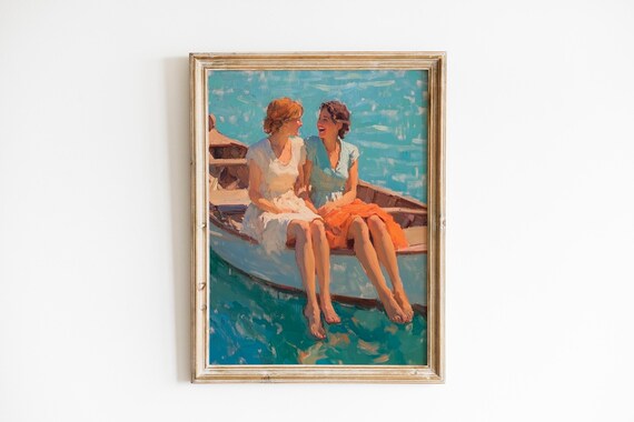 Two Women Laughing in Rowboat Summer Vintage Oil Painting Poster