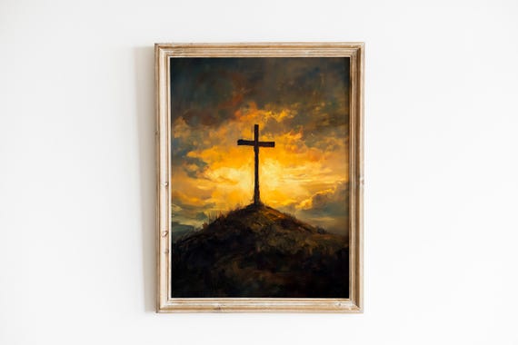 Moody Cross Silhouette Painting Dramatic Sky Spiritual Wall Art Vintage Atmospheric Decor Religious 391