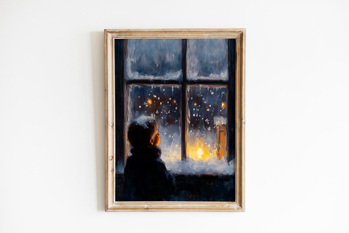 Child Silhouette Watching Snowfall at Frosted Window Night Wall Art