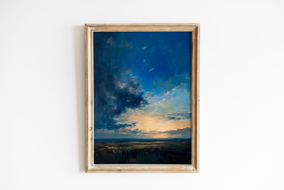 Moody Blue Gold Cloudy Sunset Sky Oil Painting Landscape Art Poster