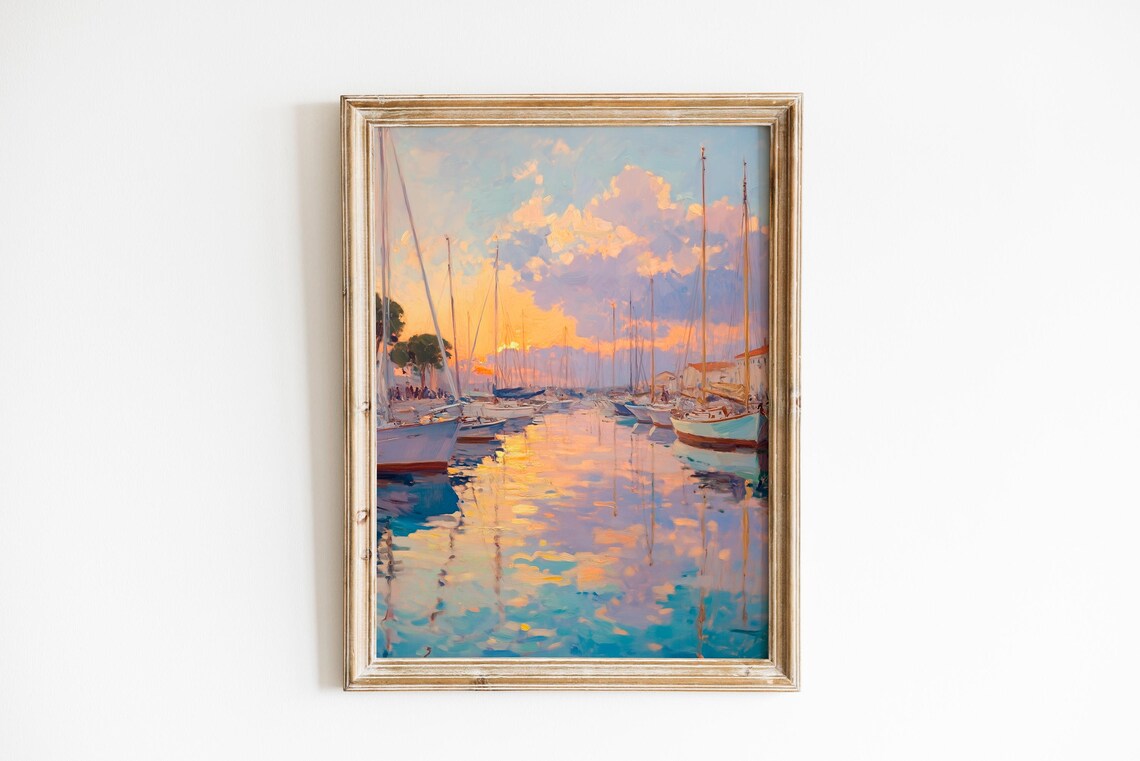 Sunset Sailboat Marina Pastel Harbor Impressionist Oil Painting Wall Art