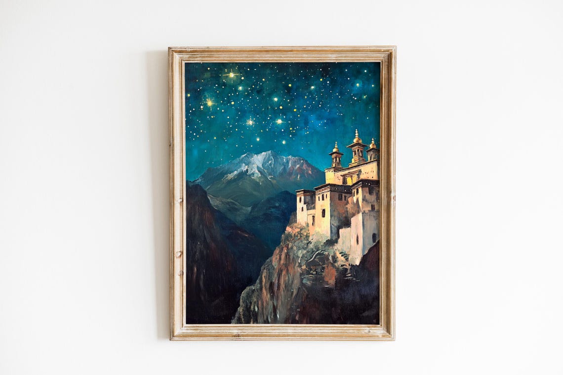 Moody Mountain Monastery Painting Dramatic Cliffside Night Scene Starry Sky Art Fantasy Landscape Traditional Textured Wall Print 789