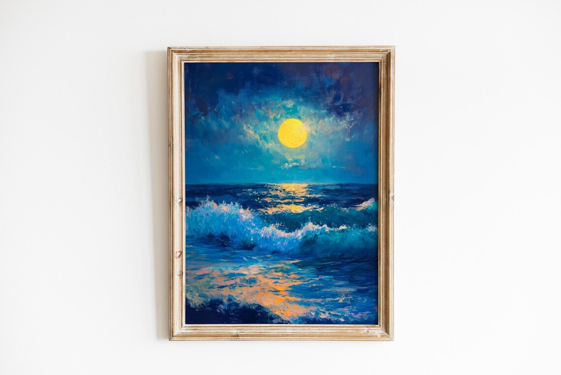 Moonlit Seascape Golden Full Moon Over Ocean Waves Oil Painting Poster