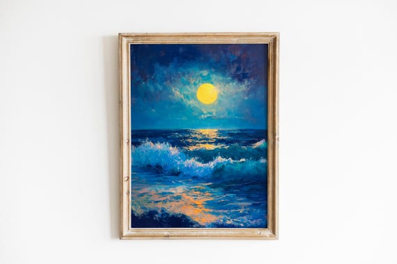 Moonlit Seascape Art Moody Coastal Night Landscape Romantic Ocean Waves Textured Painting Wall 668