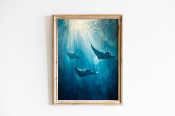 Moody Coastal Art Manta Rays In Sunlit Ocean Serene Nautical Painting Calming Seascape Wall Decor 1232