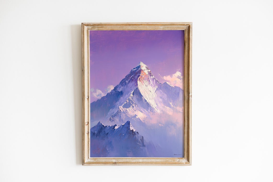 Snowy Mountain Peak Golden Summit Violet Sky Moody Art Poster