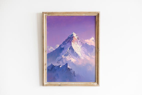 Majestic Mountain Peak Art Moody Everest Landscape Violet Sky With Golden Summit Serene Wall Decor Instant 404