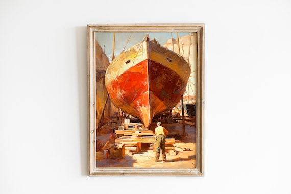Red Boat Hull in Dry Dock Vintage Shipyard Oil Painting Poster