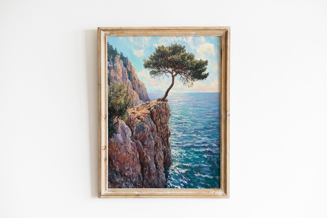 Lone Pine Tree Coastal Cliff Dramatic Seascape Oil Painting Wall Art