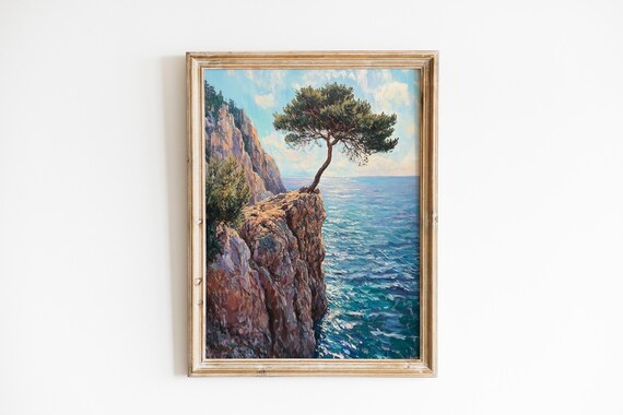Lone Pine Tree Coastal Cliff Dramatic Seascape Oil Painting Wall Art