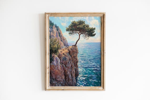 Moody Coastal Pine Tree Painting Dramatic Seascape Art Rugged Cliff Landscape Serene Wall Decor 350