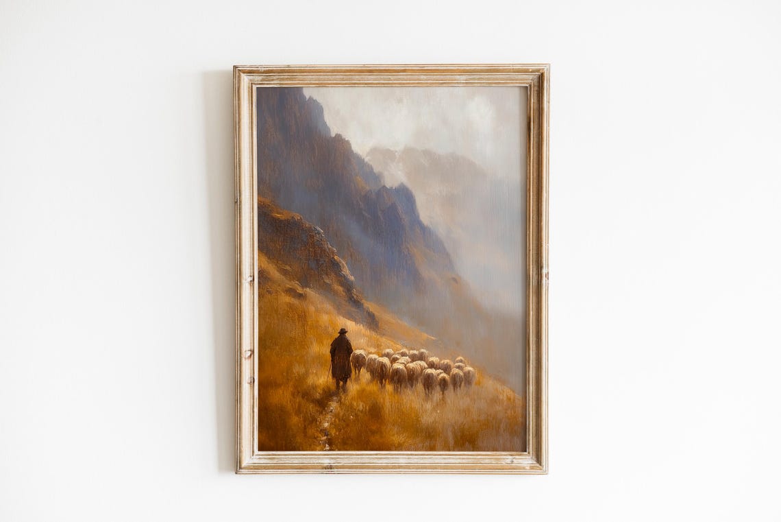 Shepherd Leading Sheep Flock On Golden Mountain Path Painting Poster