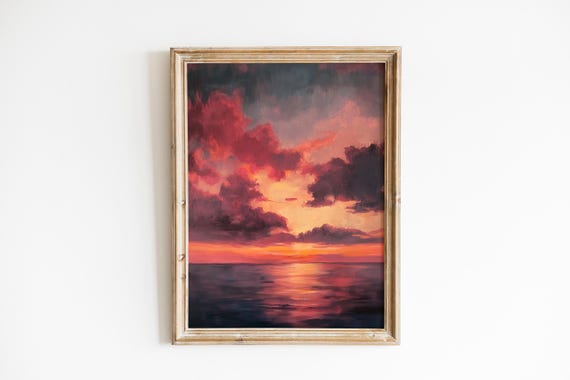 Moody Coastal Sunset Wall Art Crimson Amber Clouds Over Water Serene Romantic Painting Rich Brushwork 669