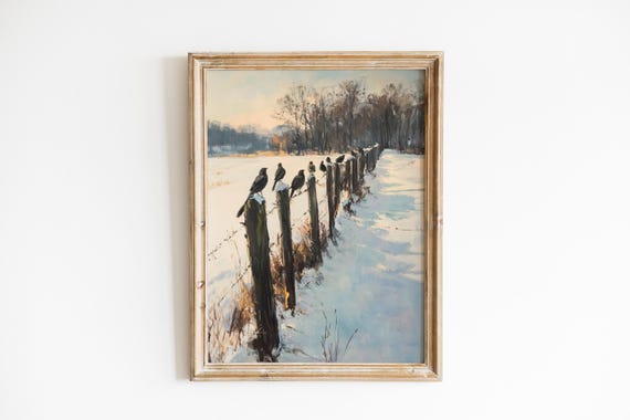 Rustic Winter Bird Scene Wall Art Cozy Snowy Fence Painting Vintage Farmhouse Decor Moody Nature 609