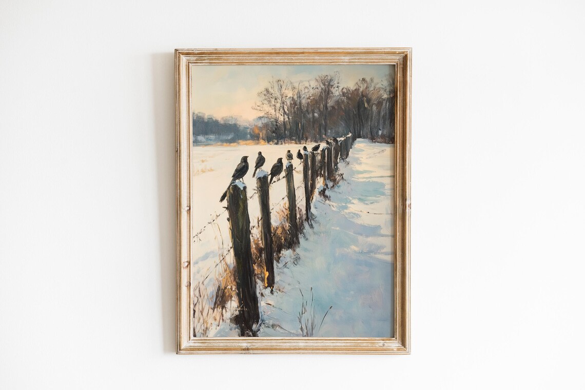 Winter Birds on Snowy Fence Rustic Bird Painting Cozy Snow Poster