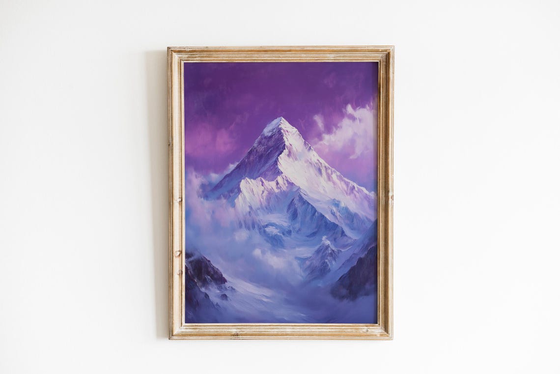 Moody Mount Everest Landscape Dramatic Winter Scene Violet Clouds Rustic Mountain Decor Serene Art Print 405