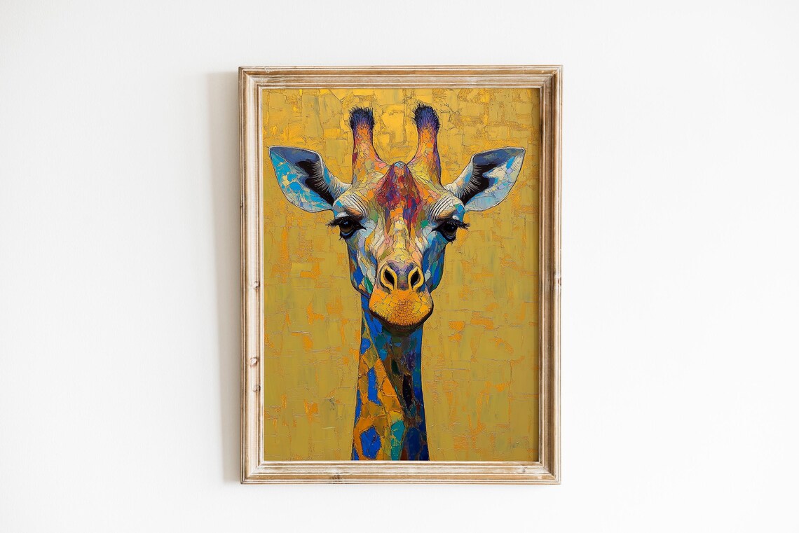 Colorful Giraffe Portrait Mosaic Style Golden Bold Kids Room Poster