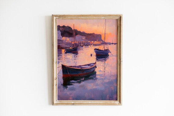 Serene Coastal Art Vintage Fishing Boats In Harbor Romantic Sunset Scene Moody Nautical Decor Instant Painting 249