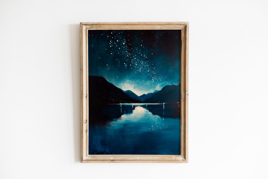 Milky Way Starry Night Over Dark Mountain Lake Reflective Art Poster