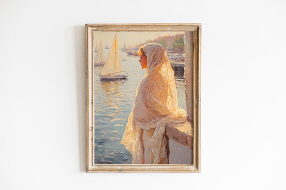 Coastal Sailors Wife By Harbor Wall Painting Moody Vintage Decor Serene Maritime Art Print Soft Pastel Tones Instant 209