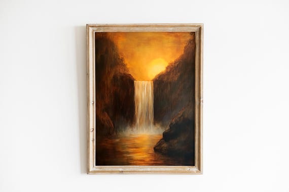 Moody Waterfall Glow Landscape Dramatic Sunset Pool Goldenhour Painterly Scene Earthy Autumn Canyon Decor Art 444