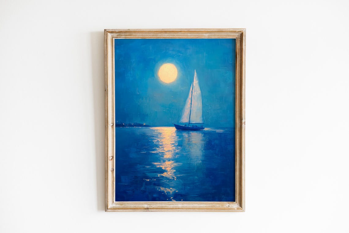 Moody Solitary Sailboat Under Glowing Moon Serene Coastal Landscape Art Nautical Wall Decor 158