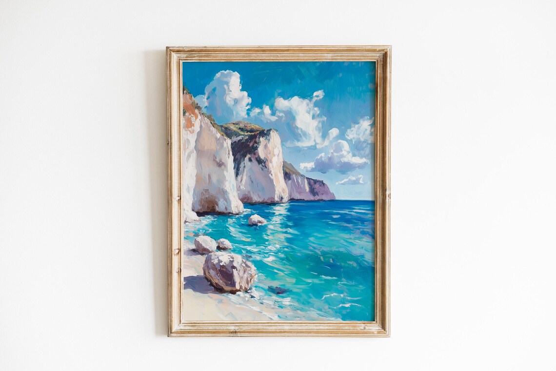 Mediterranean Seascape Poster with White Cliffs and Turquoise Water View