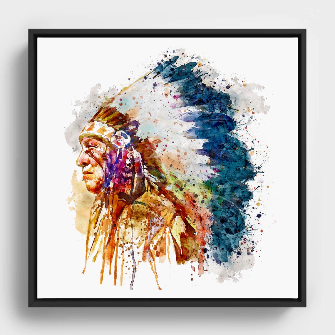 Native Chief Watercolor Feather Headdress Portrait Colorful Art Poster
