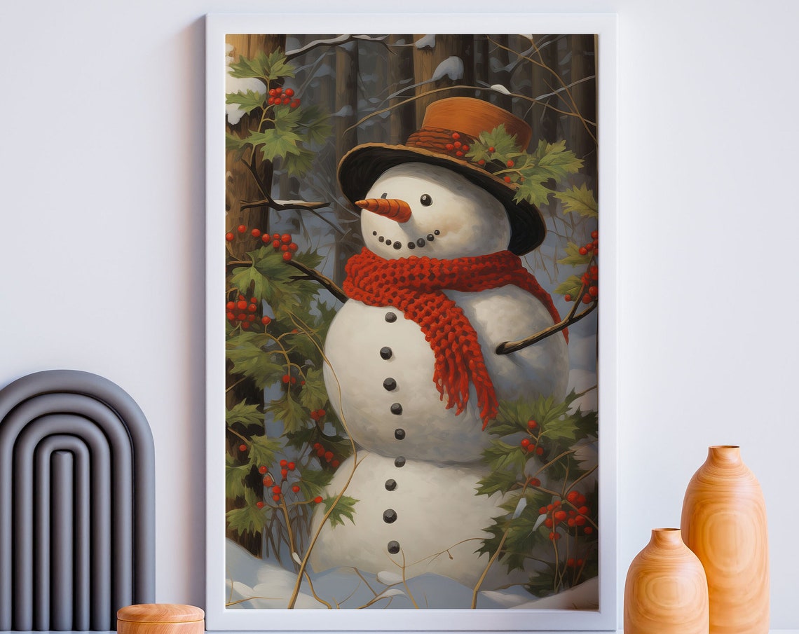 Vintage Snowman Winter Forest Painting With Red Scarf Poster