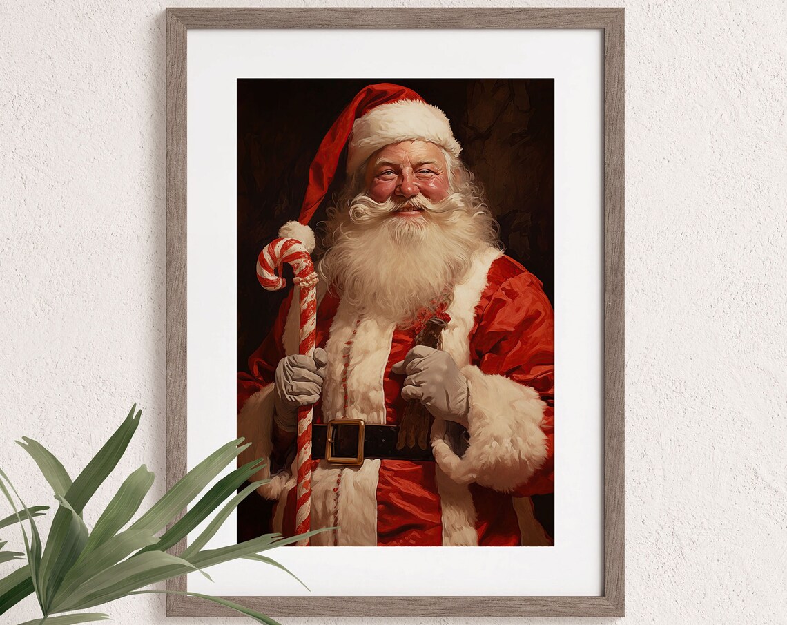 Classic Santa Claus Holding Candy Cane Dark Background Vintage Wall Art - Image 3